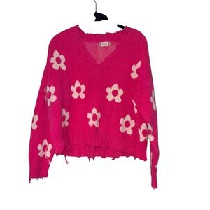 Altar'd State Floral Sweater Womens Medium Pink Knit Distressed V-Neck